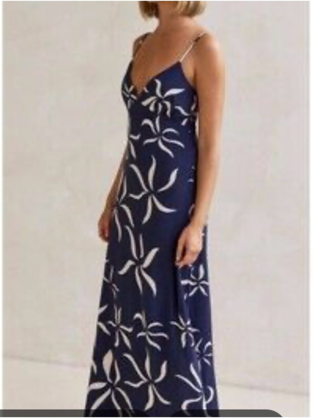 Navy Maxi Slip Dress with White Floral Motif - Linen Blend
